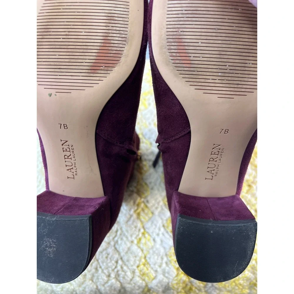 BOHO‎ Ralph Lauren Burgundy Suede Block Heel Ankle Boots Women's Size 7B Wynne